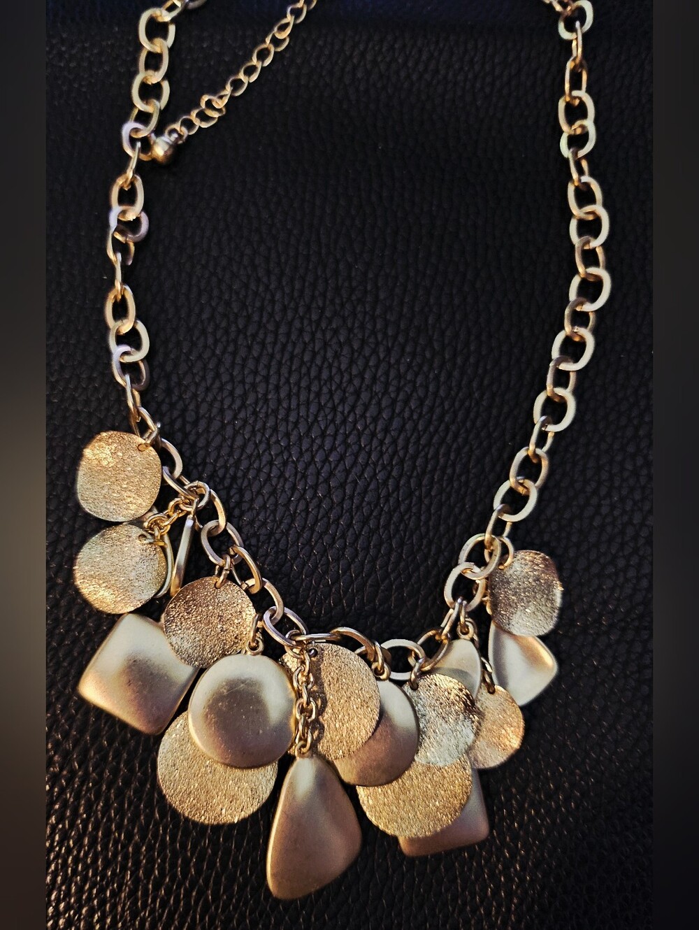 24"Gold Tone Geometric & Textured Disc Cluster Statement Chain Necklace